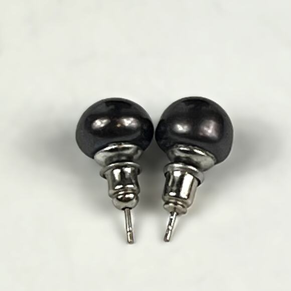Black Pearl Stud Earrings Silver Tone Post Backing 10mm Minimal Unisex Jewelry - Picture 4 of 6